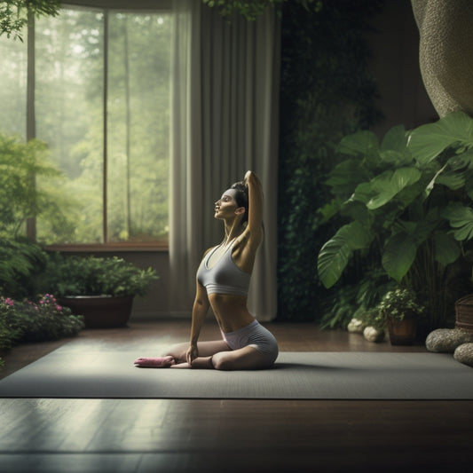 A serene, flexible dancer in a peaceful environment, stretching on a yoga mat, with a subtle warm glow, surrounded by calming greenery and soft, flowing drapes.