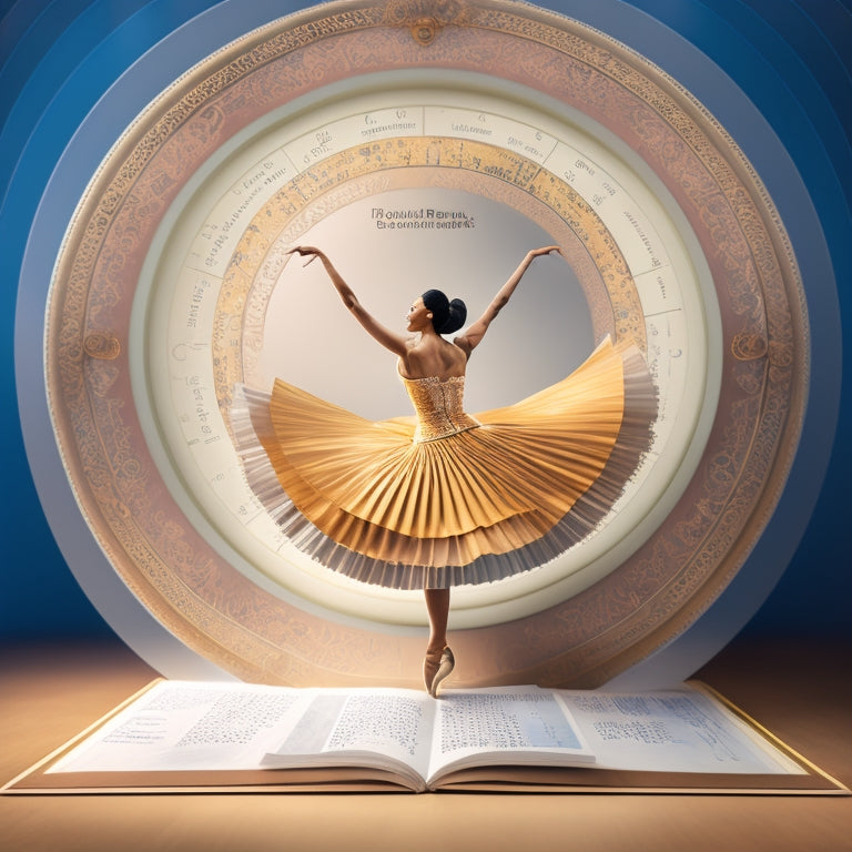 A stylized illustration of a dancer in motion, surrounded by swirling notes and schedules, with a subtle background of a calendar or planner, conveying organization and harmony.