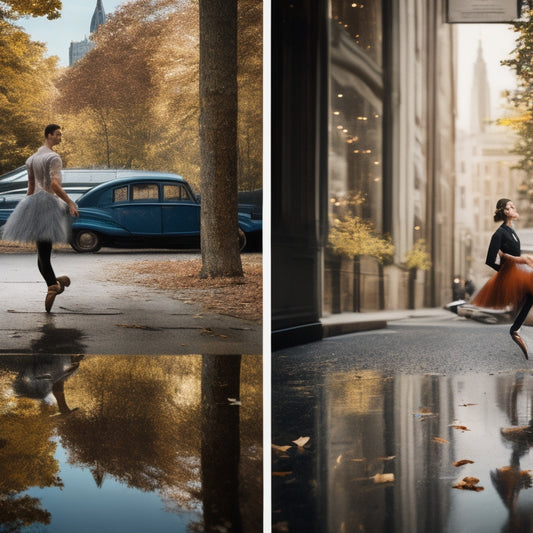 A split-screen image: on the left, a person wearing dance shoes on a wooden dance floor, surrounded by mirrors and ballet bars; on the right, the same person wearing the same shoes on a sidewalk, amidst fallen leaves and city buildings.