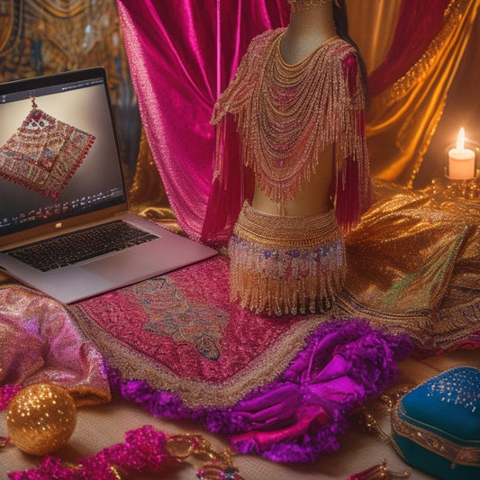 A colorful, ornate belly dance costume lies across a velvet-draped table, surrounded by fabrics, sequins, and beads, with a laptop and design sketches in the background, amidst a warm, golden light.