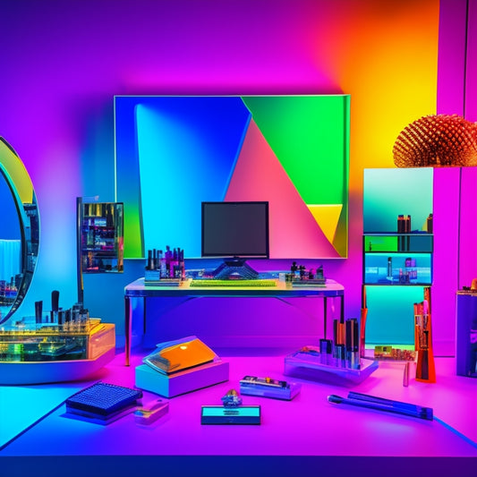 A colorful, futuristic vanity with a dance-themed backdrop, surrounded by various digital devices and makeup tools, including a laptop, smartphone, tablet, and makeup brushes, with a mirror reflecting a dancer's face.