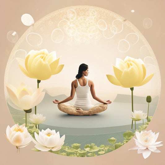 A serene, minimalist illustration featuring a person in a gentle yoga pose, surrounded by thought bubbles containing lotus flowers and subtle, swirling patterns, set against a soft, creamy background.