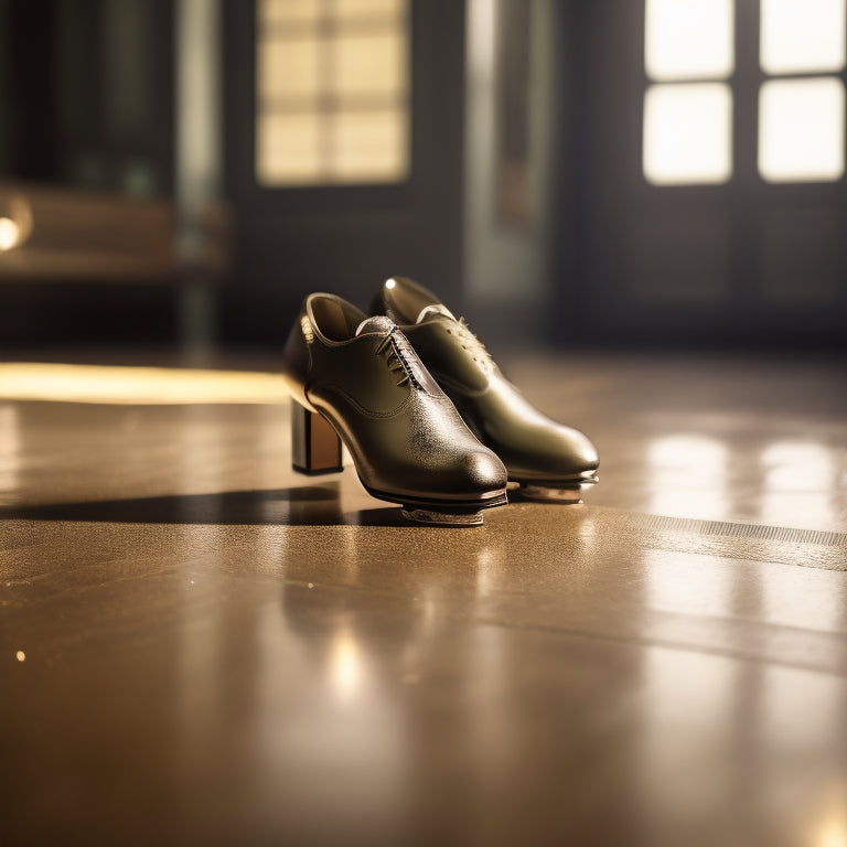 A close-up of a pair of tap shoes on a glossy, dark-colored floor, with one shoe slightly lifted, showcasing the smooth, metallic sole and a subtle reflection of the surrounding environment.