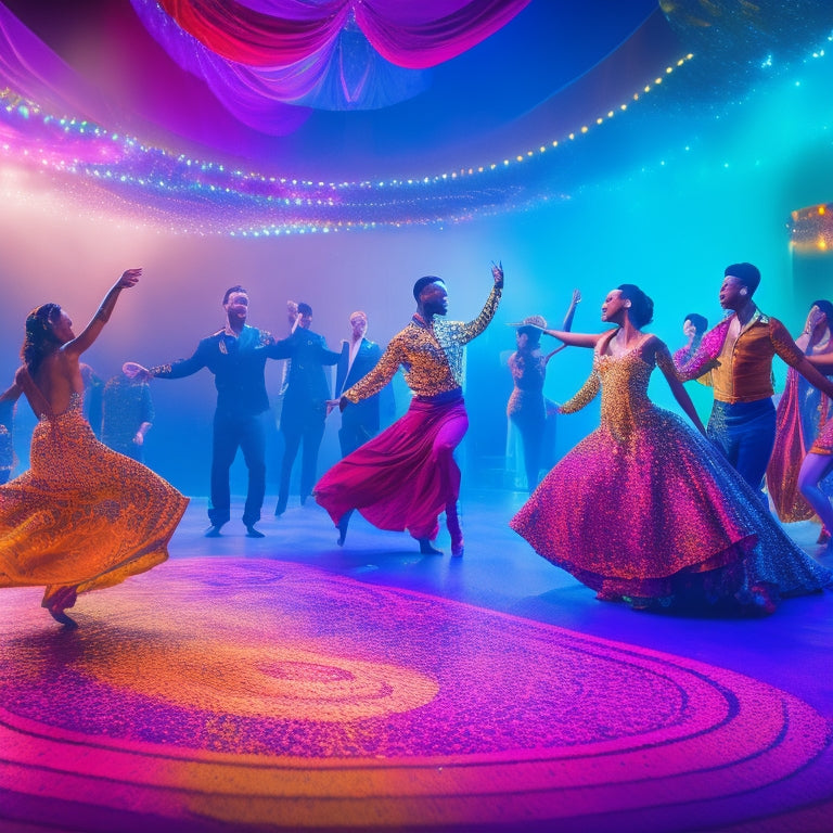 A vibrant, swirling dance floor scene featuring a fusion of traditional and modern dancers from diverse cultural backgrounds, surrounded by abstract patterns and musical notes in shimmering colors.