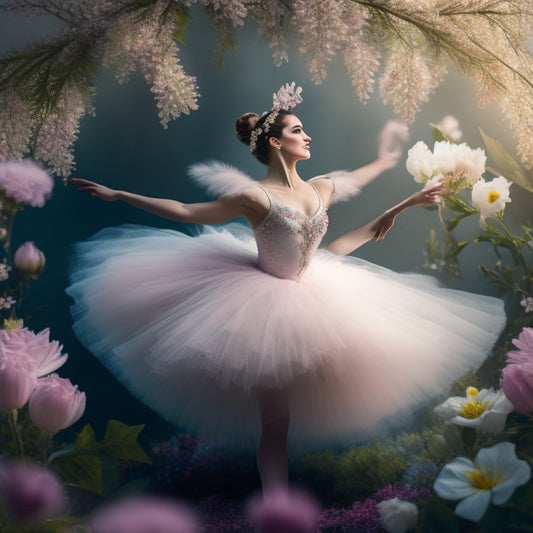 An whimsical illustration of a ballet dancer in mid-pirouette, surrounded by delicate flowers, ribbons, and soft focus lighting, with gentle, feathery brushstrokes and pastel hues.