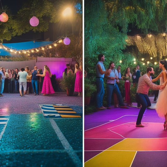 A vibrant outdoor scene featuring various portable dance floors in different materials and colors, surrounded by lush greenery, festive lights, and people joyfully dancing, capturing an inviting atmosphere for both indoor and outdoor celebrations.