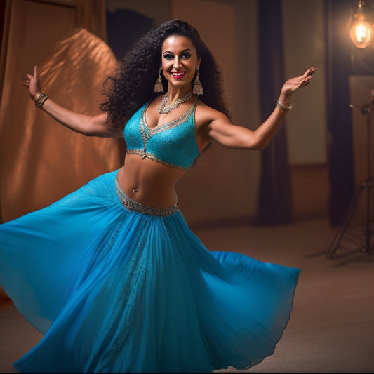A warm-toned, dimly lit dance studio with a lone, smiling woman in her mid-30s, wearing a flowing, turquoise skirt, and a fitted, golden top, posing in a sensual, hip-centric belly dance stance.