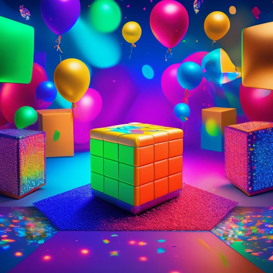 A vibrant illustration of four colorful squares, each containing a distinct digital game world, connected by swirling dance floor patterns and spotlights, with confetti and balloons floating above.