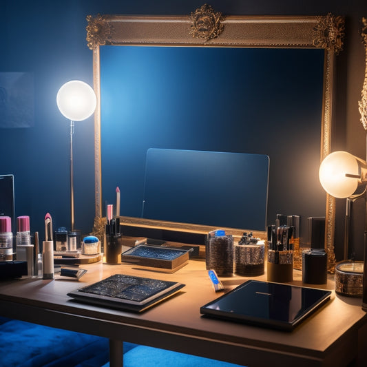 A glamorous, dimly lit makeup station with a vanity mirror, surrounded by various makeup products and brushes, with a laptop and smartphone in the background, subtly lit with softbox lights.