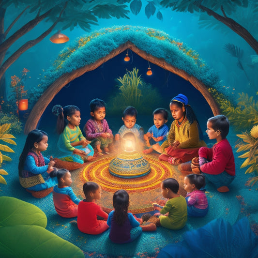 A warm, vibrant illustration depicting a diverse group of Indigenous children gathered around a glowing, lantern-lit storytelling circle, surrounded by lush greenery and traditional patterns.