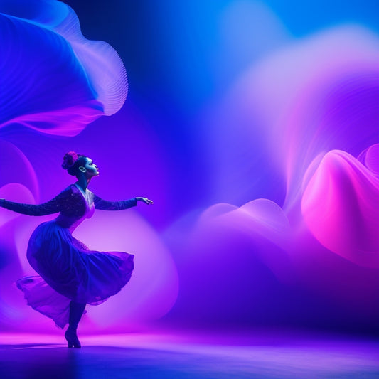 A vibrant, abstract composition featuring swirling shapes and lines in shades of pink, purple, and blue, evoking the energy and dynamism of dance, with subtle hints of stage lights and shadows.