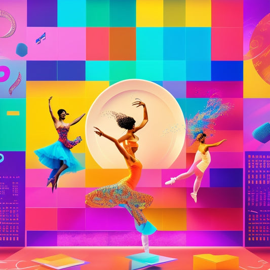 A stylized illustration of a dancer's calendar, with colorful blocks and swirls representing different classes, surrounded by dancing silhouettes and musical notes, set against a bright, gradient background.