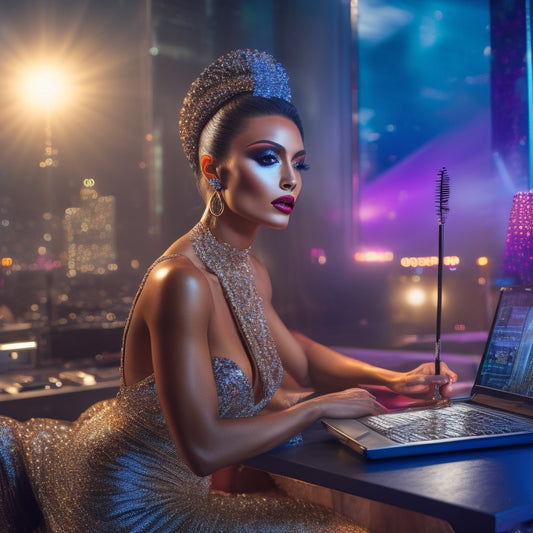 A glamorous, spotlit dancer in mid-pose, surrounded by makeup brushes, mirrors, and laptops, with a subtle cityscape or stage lights blurred in the background.