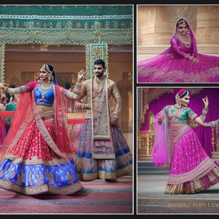 A vibrant dance stage adorned with colorful Bollywood costumes: shimmering lehengas, embellished saris, and traditional kurtas, surrounded by intricate jewelry, ornate footwear, and flowing dupattas, capturing the essence of lively dance performances.