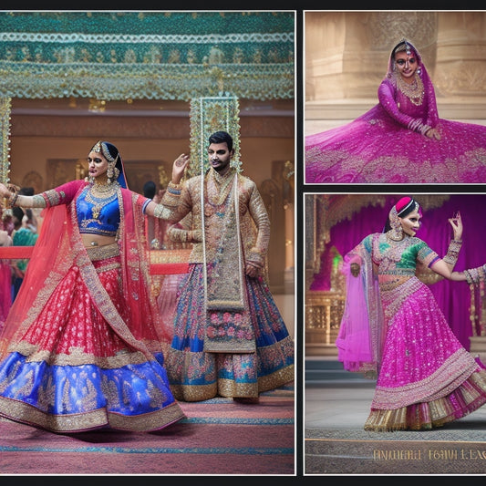 A vibrant dance stage adorned with colorful Bollywood costumes: shimmering lehengas, embellished saris, and traditional kurtas, surrounded by intricate jewelry, ornate footwear, and flowing dupattas, capturing the essence of lively dance performances.