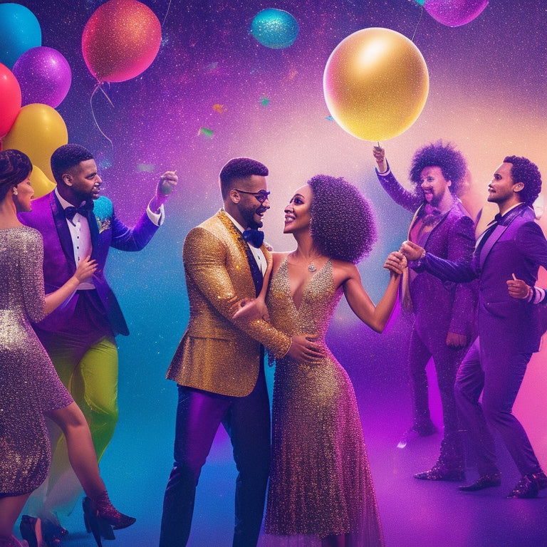 A vibrant illustration depicting a lively dance floor with diverse couples performing various master pattern dances, surrounded by colorful balloons and confetti, under a sparkling disco ball.