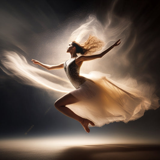 A blurred background with a sharp, mid-air silhouette of a dancer in motion, surrounded by faint, swirling trails of light, conveying dynamic energy and movement.