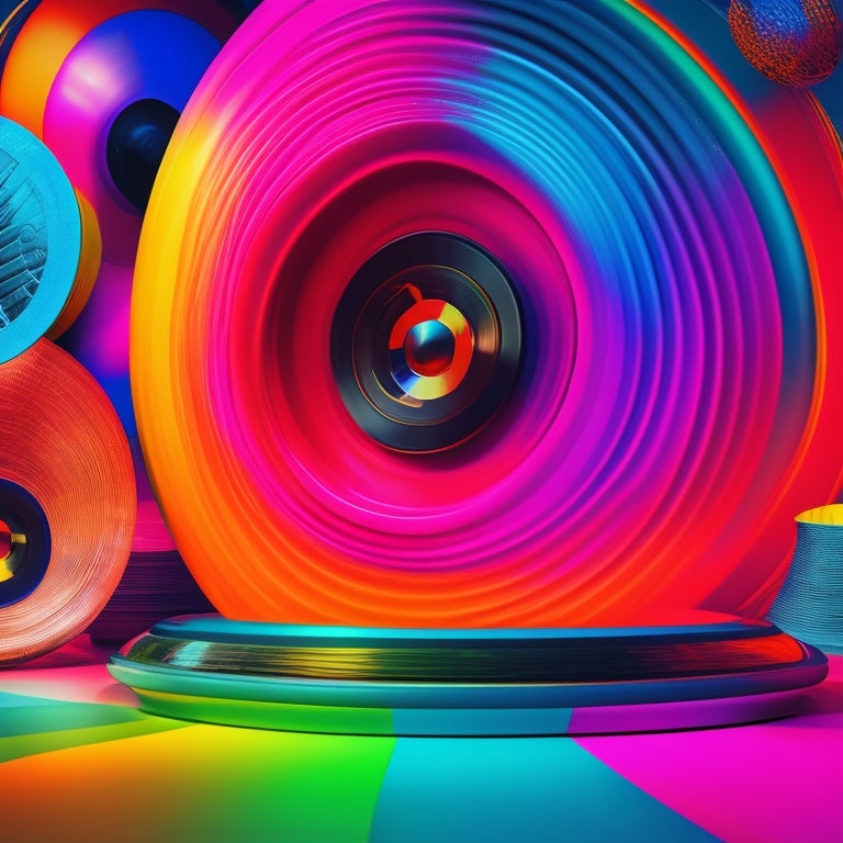 A vibrant illustration of a bowling ball crashing into a row of colorful vinyl records, with a subtle glow emanating from the collision, surrounded by swirling music notes and abstract shapes.