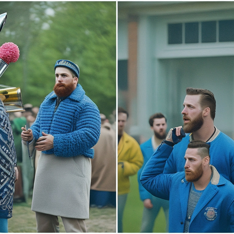 A split-screen image featuring a pom-pom-adorned megaphone on the left, and a group of burly, tattooed men in matching fraternity jackets holding craft supplies on the right.