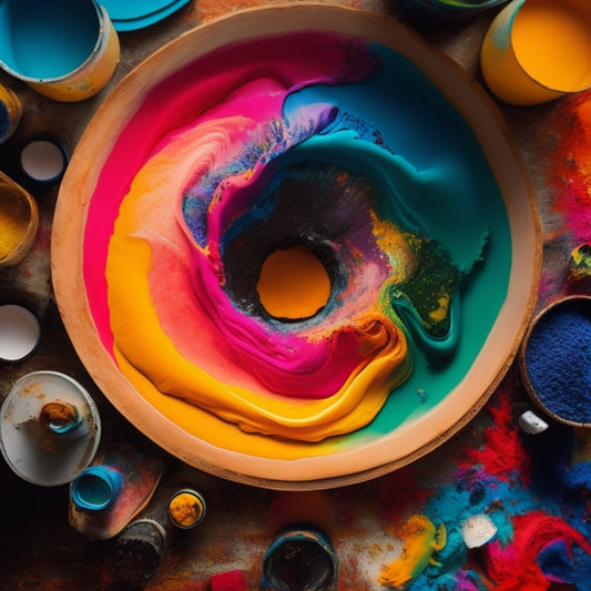 Vibrant, swirling colors burst from a painter's palette, surrounded by scattered art supplies, with a few loose brushstrokes and abstract shapes forming the silhouette of a creative, introspective figure in the background.
