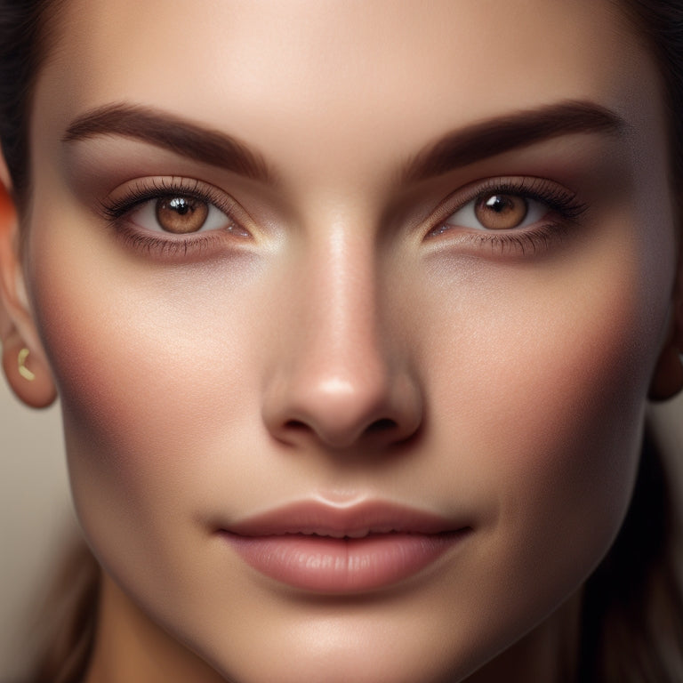 A stunning, close-up portrait of a woman's face with flawless, poreless skin, accentuated by subtle, natural-looking makeup and defined eyebrows, against a soft, creamy white background.