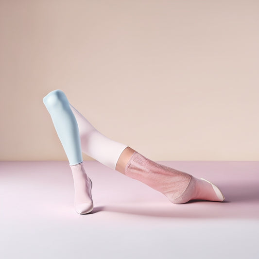 A playful, minimalist illustration featuring a pair of legs, one wearing leg warmers over bare skin, the other with tights underneath, set against a soft, pastel-colored background.