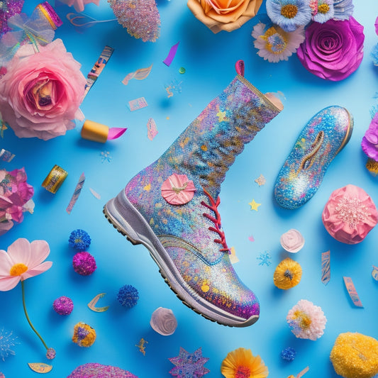 A whimsical illustration of a dancer's legs and feet adorned with colorful, swirling dance decals, surrounded by music notes, flowers, and confetti, against a bright, gradient blue background.