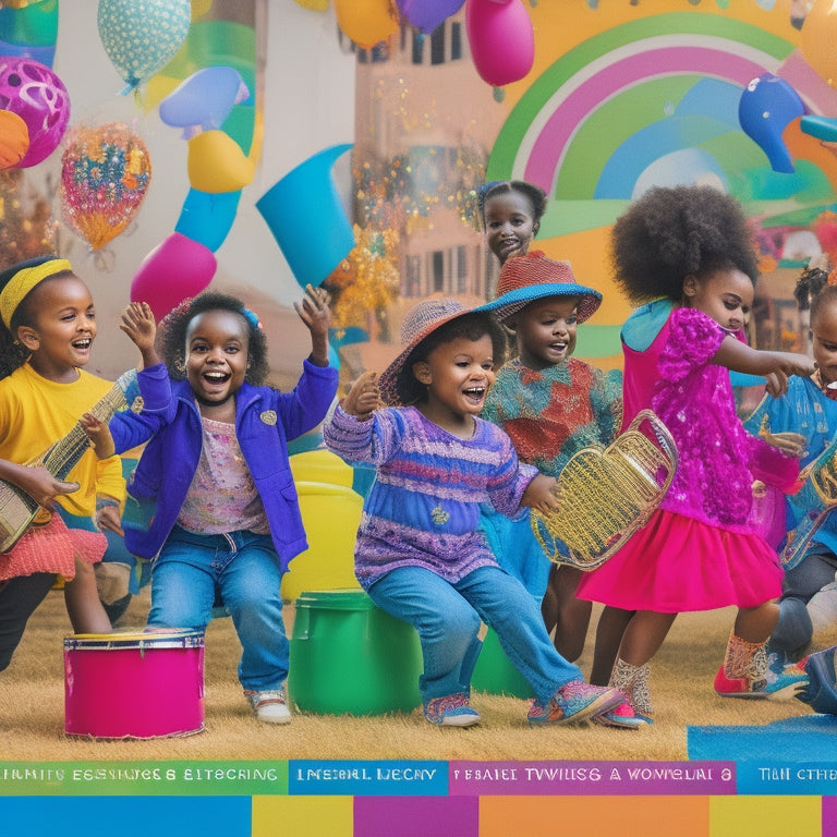 A vibrant illustration featuring a diverse group of happy children (ages 4-10) actively engaged in music and dance activities: playing instruments, twirling, leaping, and clapping together in a colorful, lively atmosphere.