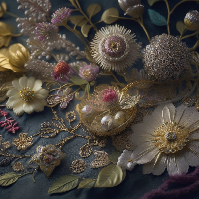 A whimsical, dreamlike scene featuring an assortment of colorful, intricately embroidered flowers, leaves, and vines intertwined with threads of shimmering silver and gold, set against a soft, creamy background.