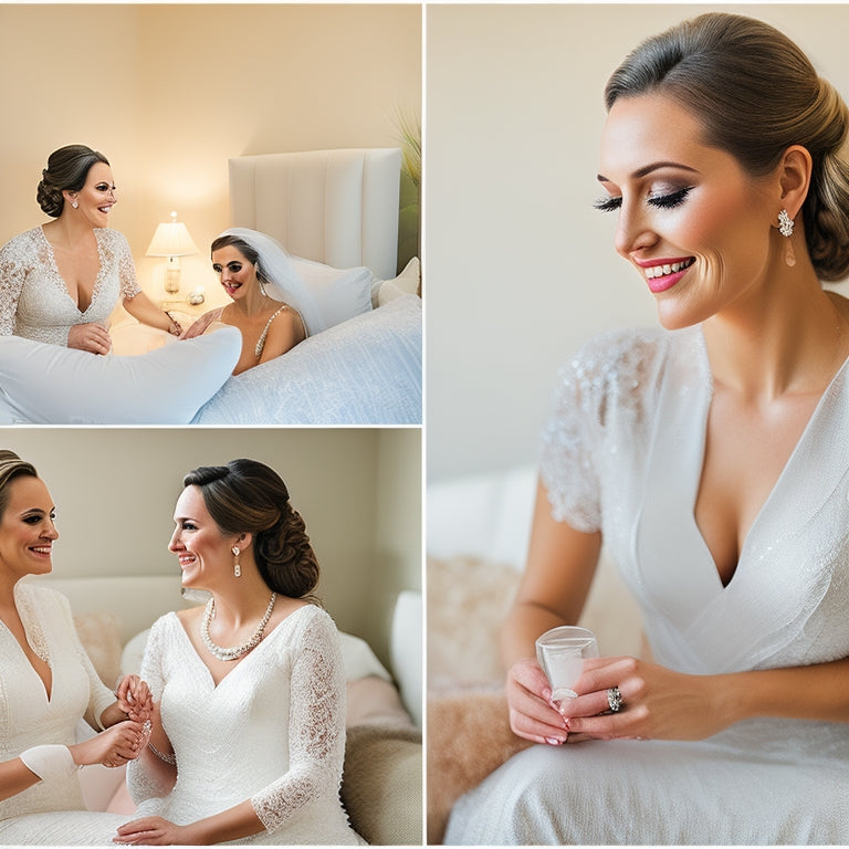 A serene, natural-light-filled bridal suite with three elegant, uniformed beauty professionals – a hairstylist, makeup artist, and nail technician – attentively tending to a relaxed, smiling bride-to-be.