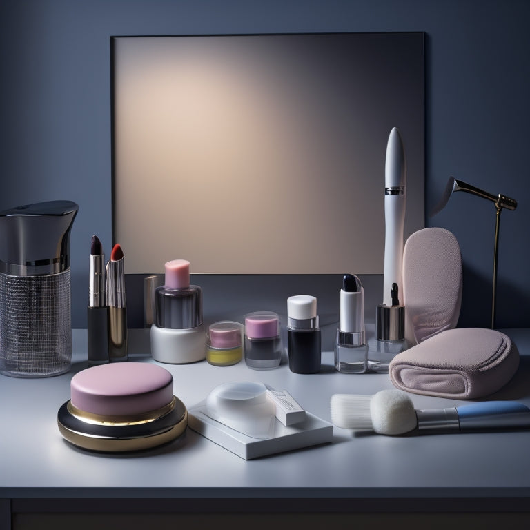 A serene, dimly lit studio with a vanity mirror, surrounded by an array of makeup products, brushes, and sponges, with a single, elegant, porcelain-skinned mannequin head at the center.