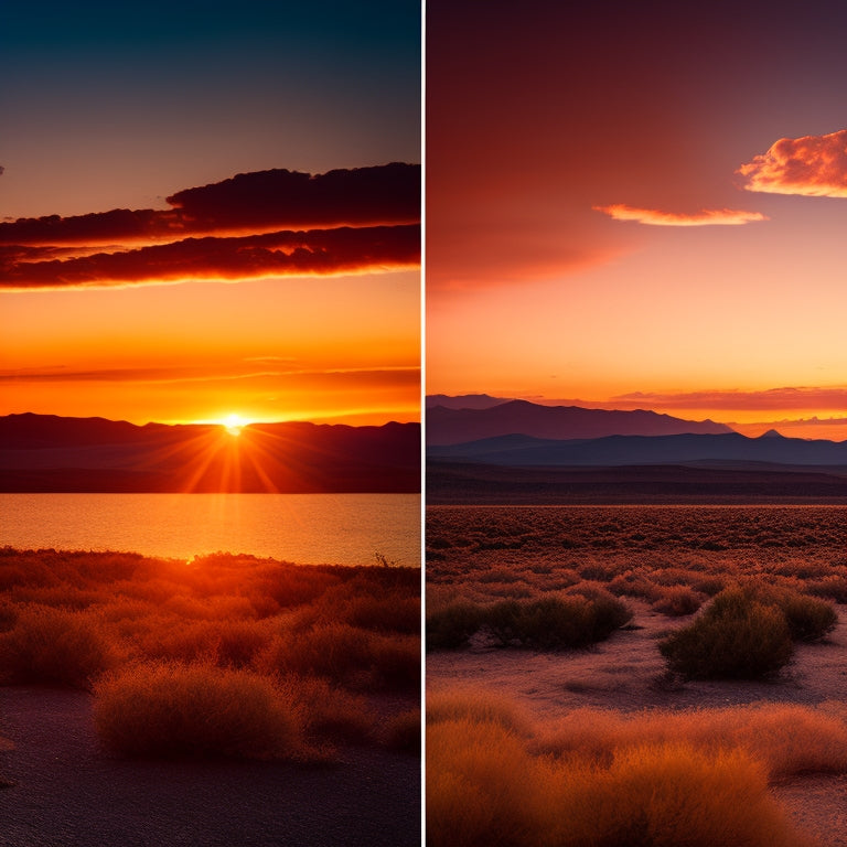 A split-screen image featuring a raw, unedited photo of a sunset on the left, and the same photo edited with vibrant colors and contrast on the right, with various editing tool icons scattered around the border.