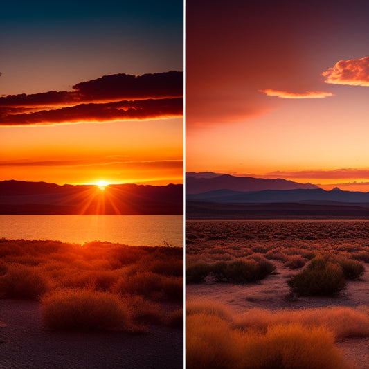 A split-screen image featuring a raw, unedited photo of a sunset on the left, and the same photo edited with vibrant colors and contrast on the right, with various editing tool icons scattered around the border.