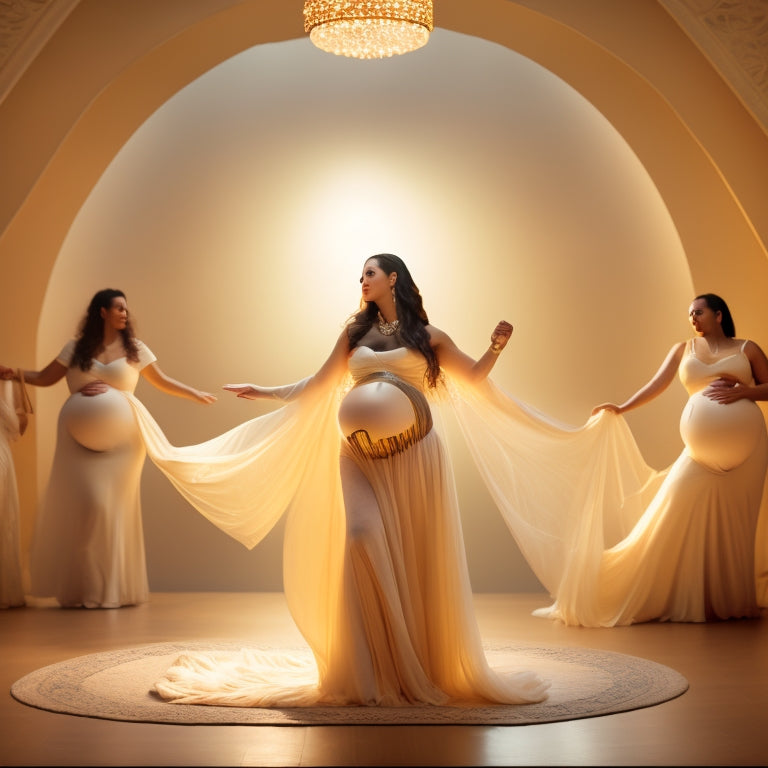 A serene, pregnant woman in a flowing white dress, surrounded by soft, golden lighting, gently sways her hips in a belly dance movement, surrounded by virtual screens displaying instructors guiding her.