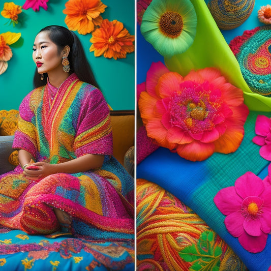 Vibrant colors and patterns from various Asian American, Native Hawaiian, and Pacific Islander cultures swirl together in a dynamic, abstract design, featuring traditional fabrics, flowers, and symbolic motifs.