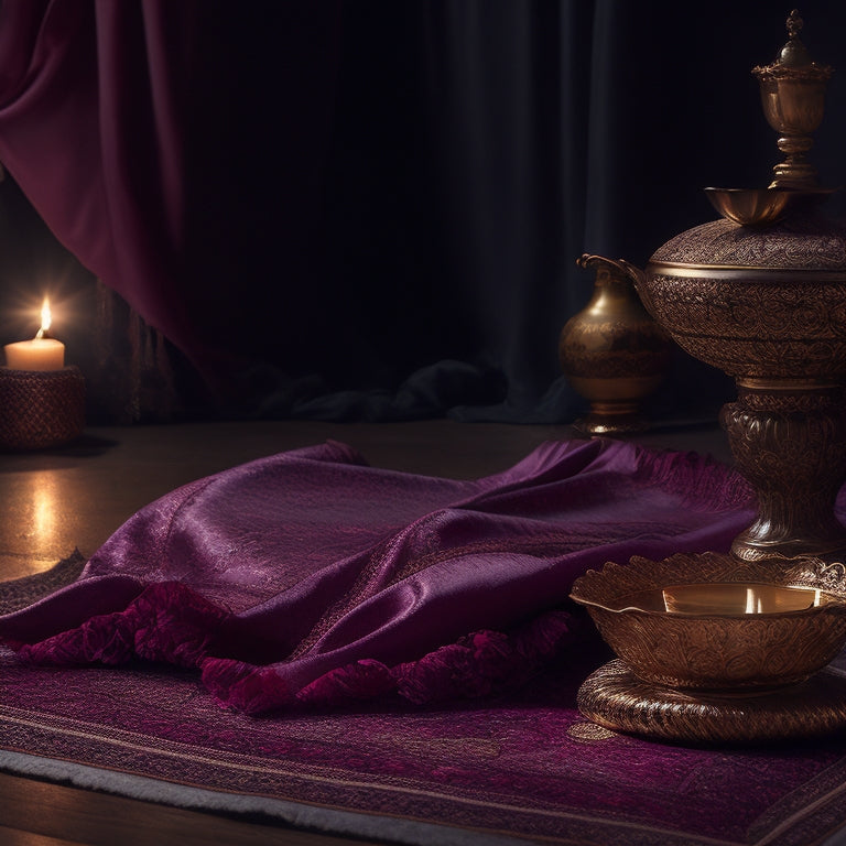 A serene, dimly lit Middle Eastern-inspired background with a beautiful, flowing silk fabric draped across the floor, a few scattered rose petals, and a solitary, ornate Arabic coffee table in the center.