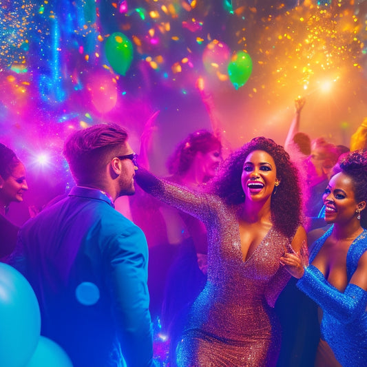 A vibrant, spotlight-lit dance floor with confetti and balloons, surrounded by diverse dancers in various attire, frozen in energetic poses, with a cityscape or nightlife background.