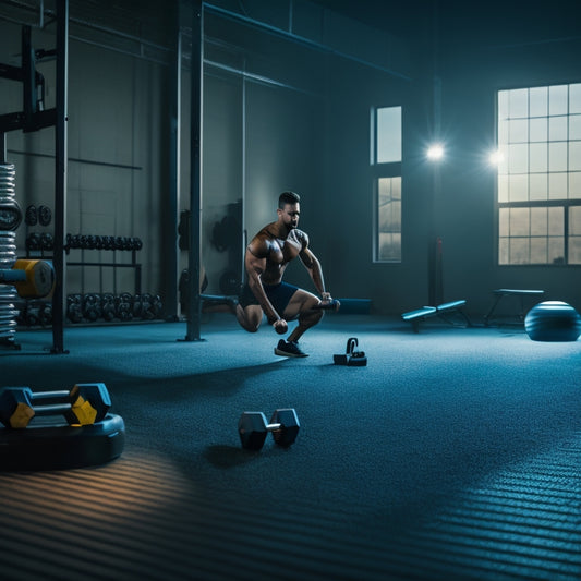 A serene, dimly lit gym with a single athlete in mid-lunge, surrounded by scattered exercise mats, with a few dumbbells and a resistance band strewn about, amidst a subtle, gradient blue background.