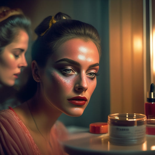 A dimly lit, backstage mirror reflection: a dancer's face, surrounded by scattered makeup products, with smudged eyeliner, uneven eyebrows, and a faint smudge of lipstick on the cheek.