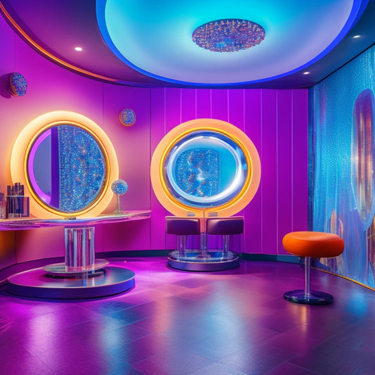 A futuristic dance studio with a large, circular mirror, surrounded by sleek, modern makeup stations, each equipped with a laptop and a vanity light, amidst a backdrop of colorful, swirling dance-inspired patterns.