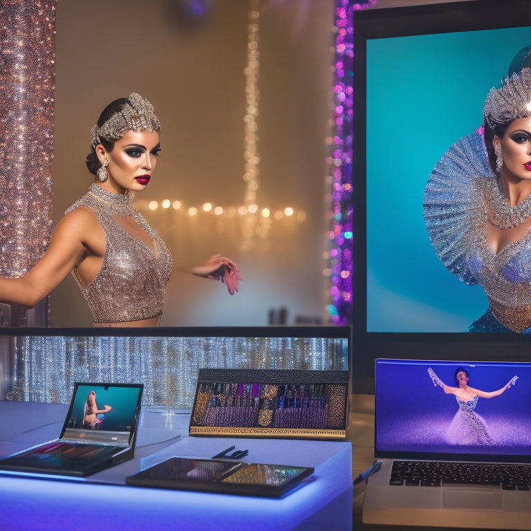 A glamorous, spot-lit dancer in a sparkling costume, surrounded by makeup brushes, mirrors, and laptops displaying tutorial screens, with a subtle dance competition backdrop.