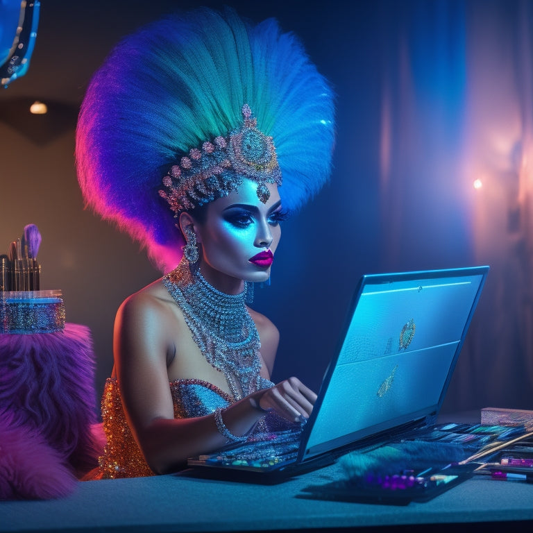 A glamorous, spot-lit dancer in a bold, colorful costume, surrounded by makeup brushes, palettes, and mirrors, with a laptop open to an online course webpage in the background.