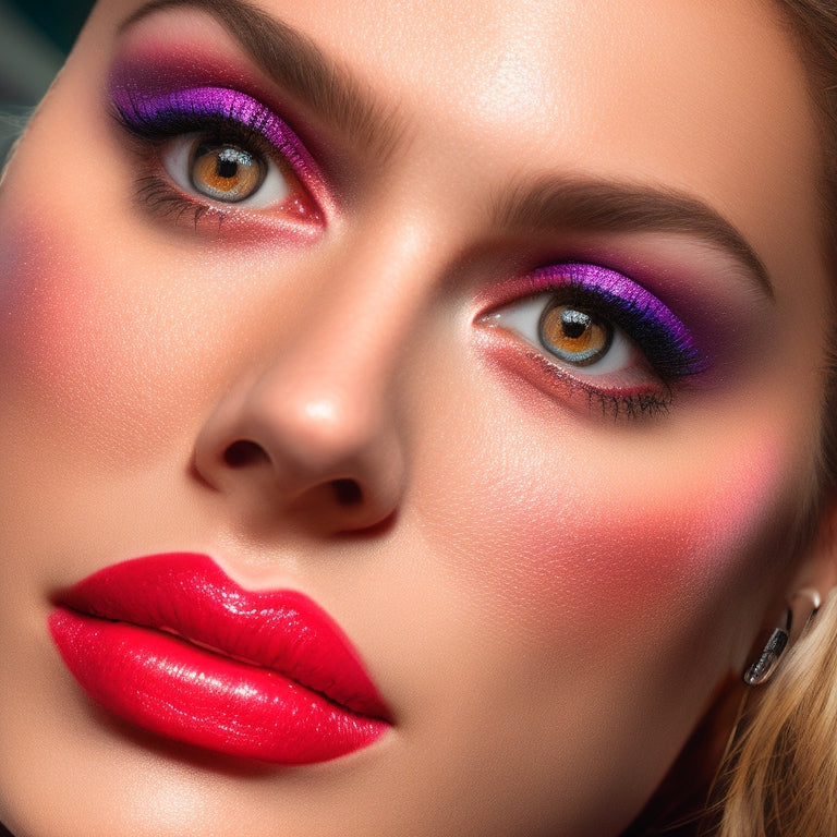 A close-up of a dancer's face, spotlight shining on their flawless, bold makeup look, with a smartphone or laptop screen reflected in the background, displaying a dance makeup tutorial.