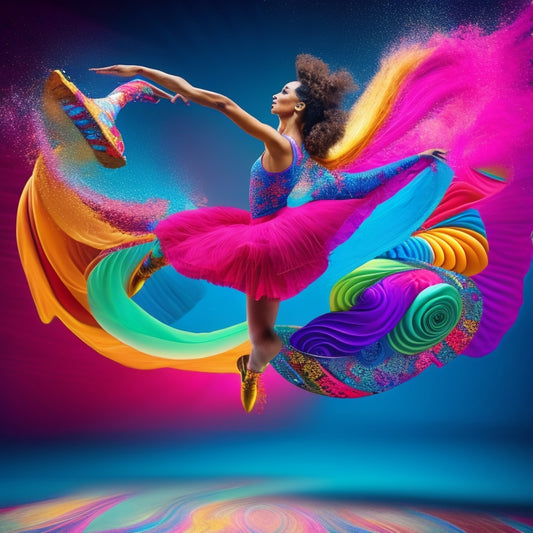 A vibrant, colorful illustration featuring a dancer in motion, surrounded by swirling shapes and patterns, with various customizable gift items (t-shirts, tote bags, water bottles) floating around, each with a unique design.