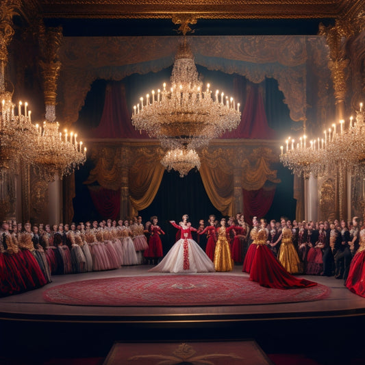 A lavish, ornate theatre set with gilded details, crimson velvet curtains, and a grand chandelier, surrounded by 17th-century French dancers in extravagant costumes, frozen in dramatic poses.