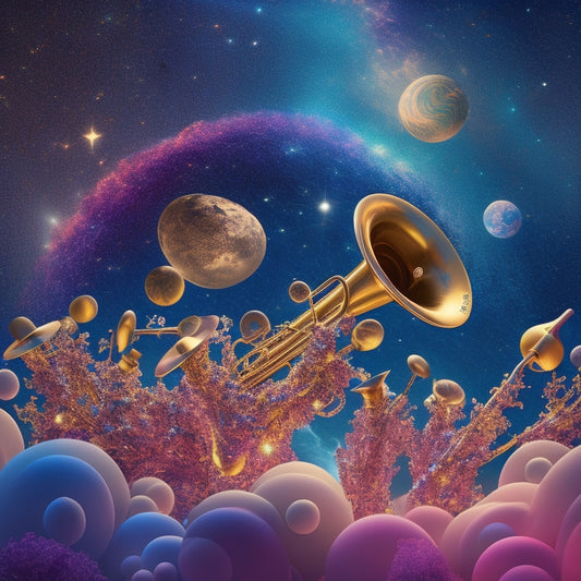 A vibrant, whimsical illustration of a trumpet ensemble surrounded by swirling, shimmering starlight, with musical notes and celestial bodies orbiting around them, evoking a sense of cosmic harmony.