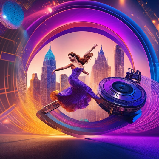 A stylized illustration of a dancer in mid-air, surrounded by swirling camera equipment, film reels, and musical notes, set against a vibrant, gradient background of stage lights and cityscapes.