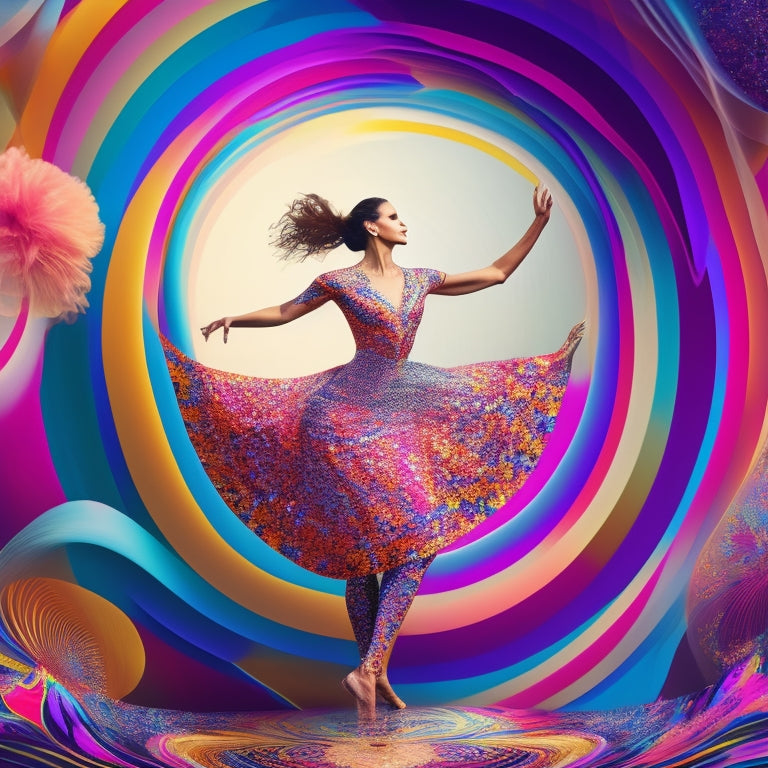 A whimsical illustration of a person surrounded by swirling, colorful dance movements, with geometric shapes and abstract patterns emerging from their body, as if creativity is bursting forth.