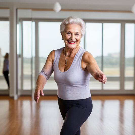 An illustration of a smiling senior woman in her 60s, wearing comfortable dance attire, standing in a bright, spacious dance studio with a wooden floor, surrounded by mirrors and ballet bars, with a subtle background of gentle, swirling dance movements.