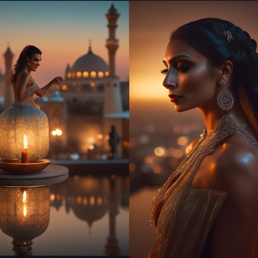 A serene, dimly lit studio with a large mirror, a few candles, and a beautiful, fit woman in her 30s, wearing a flowing, belly dance-inspired outfit, dancing in front of a cityscape at sunset.